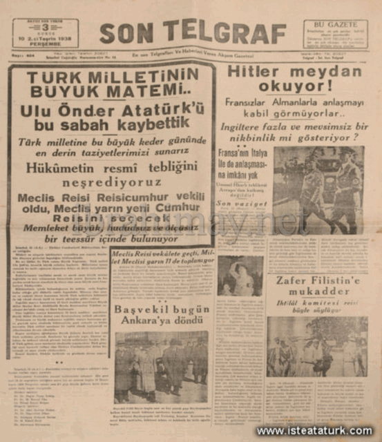 10 İkinciteşrin 1938 Son Telgraf Gazetesi