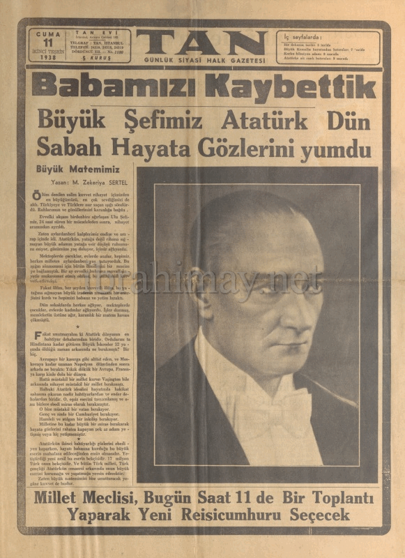 11 İkinciteşrin 1938 Tan Gazetesi
