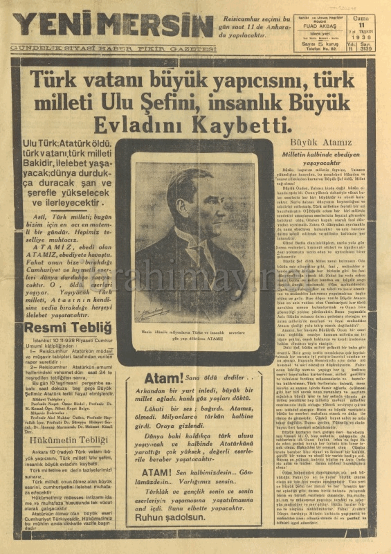 11 İkinciteşrin 1938 Yeni Mersin Gazetesi