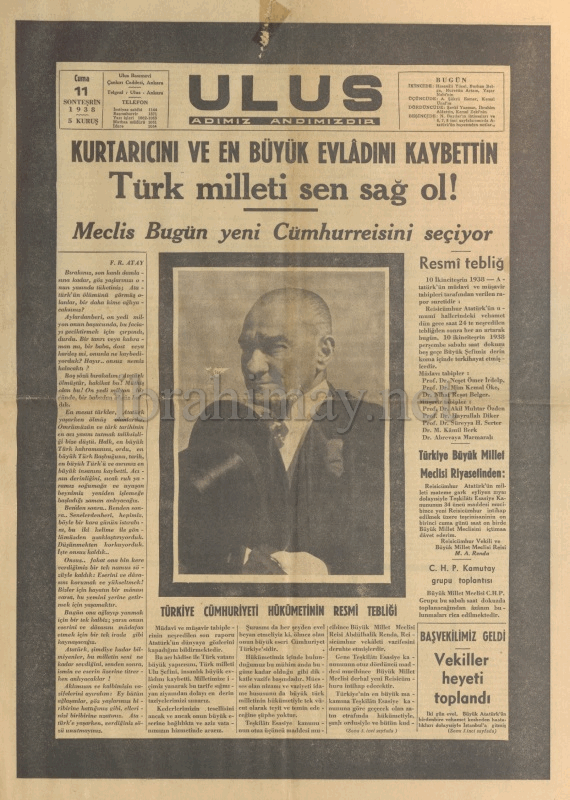 11 Sonteşrin 1938 Ulus Gazetesi