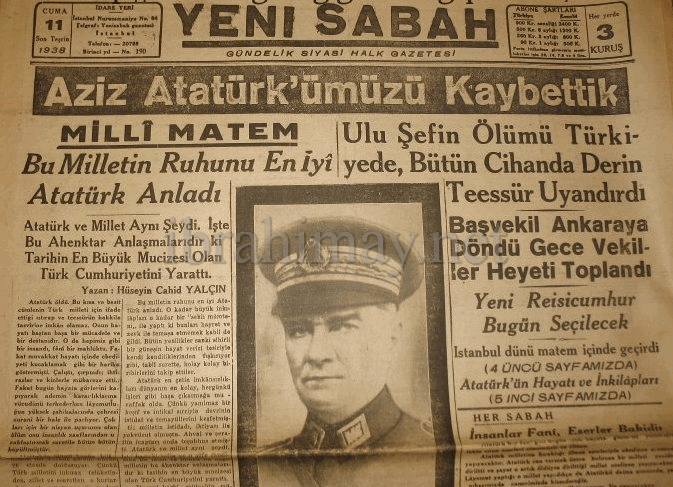 11 Sonteşrin 1938 Yeni Sabah Gazetesi
